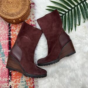 Sorel Red Burgundy Leather After Hours Mid Calf Wedge Boot 8 Bootie Fall Winter